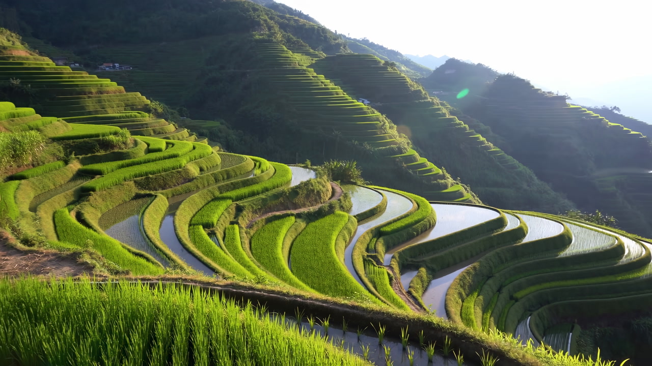 Lush Green Rice Terraces Cascading Down Mountain Slopes, Sunlit Water Filled Paddies Reflecting Sky, Winding