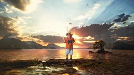 asian boy with a hat and binoculars holding the magnifying glass and pointing to side at a lake. boy researcher examines something, travel adventure, full body