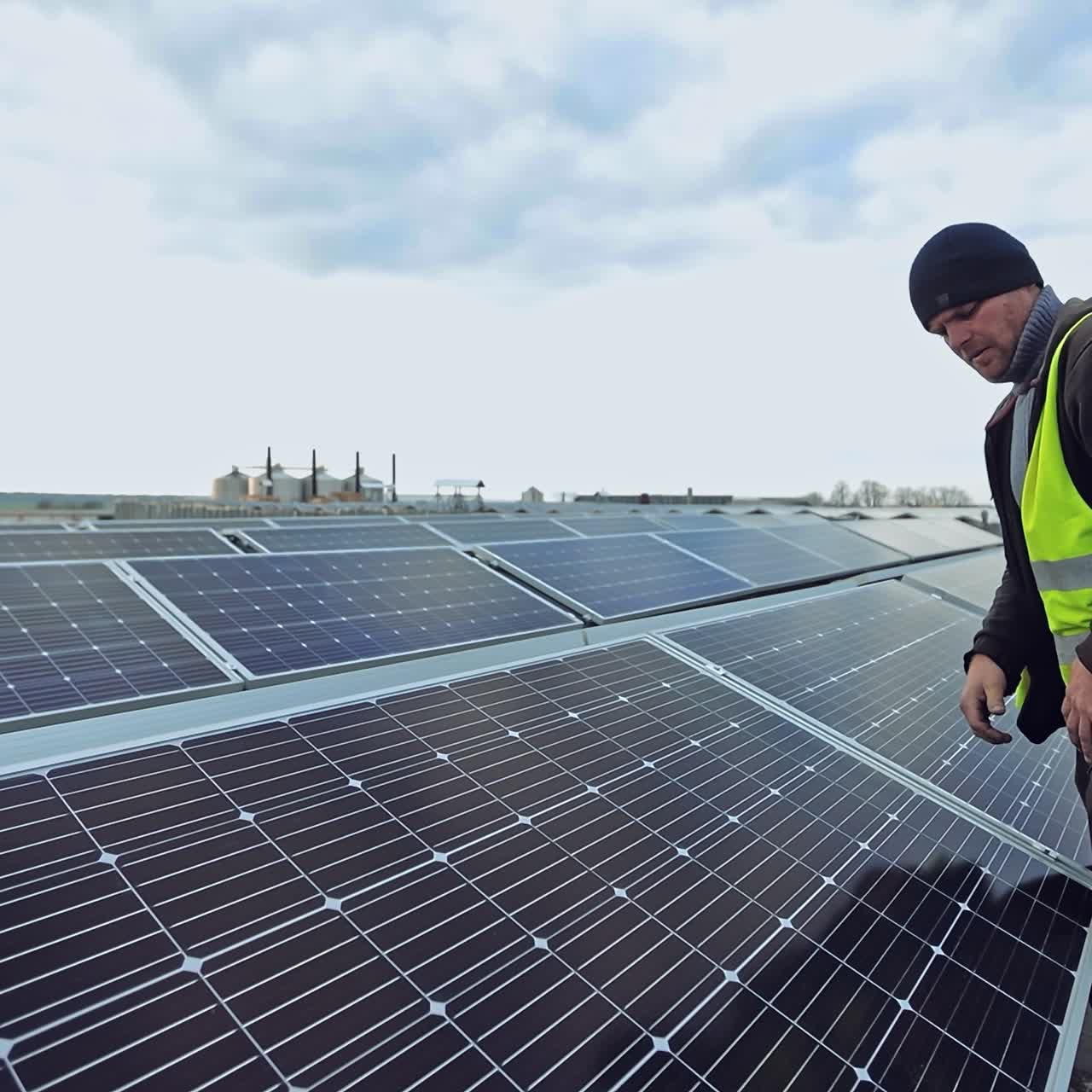 Solar panel installation. Two workers in bright vests attaching ...