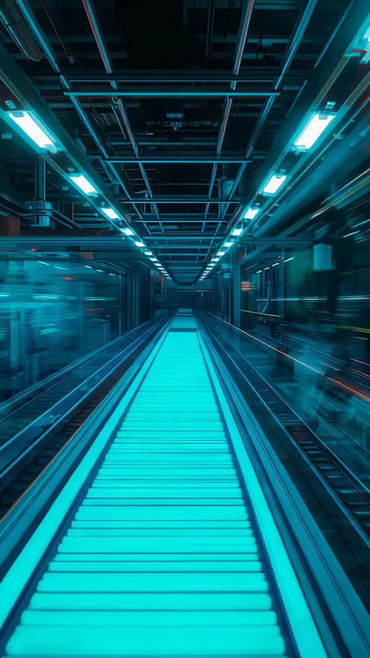Vertical video: Starting conveyor pushing camera forward along cyan walkway through terminal, glass
