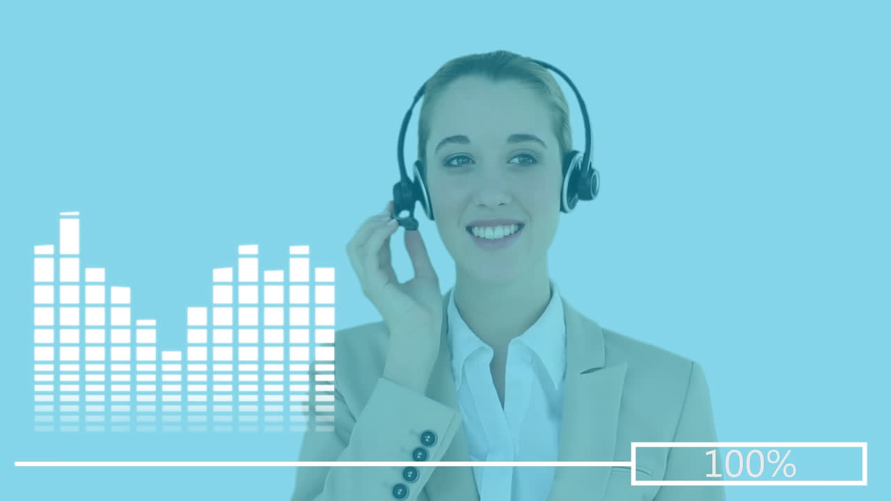 animación de una mujer caucásica con auriculares sobre la grabación de datos