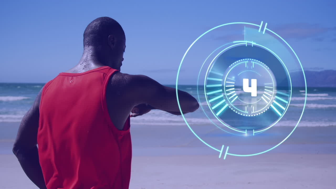 Animation of data loading clock over running african american man using smartwatch