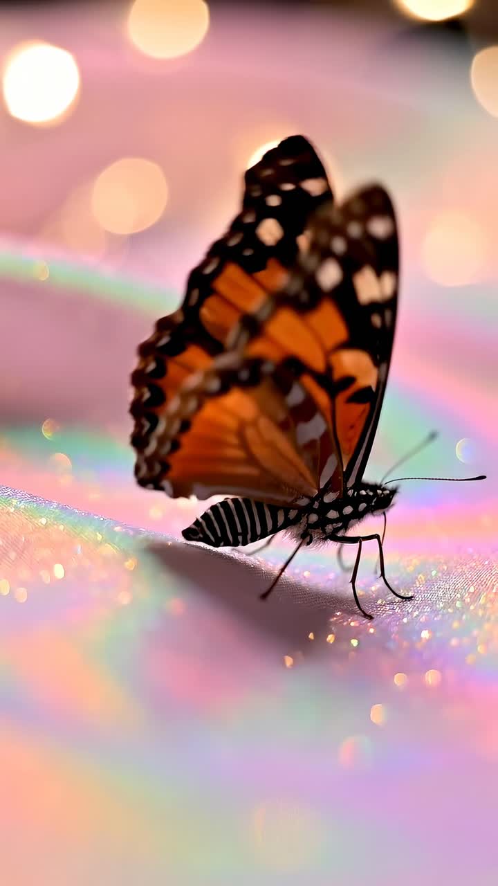 Video ravvicinato di una farfalla su superficie iridescente, con luci bokeh soffuse