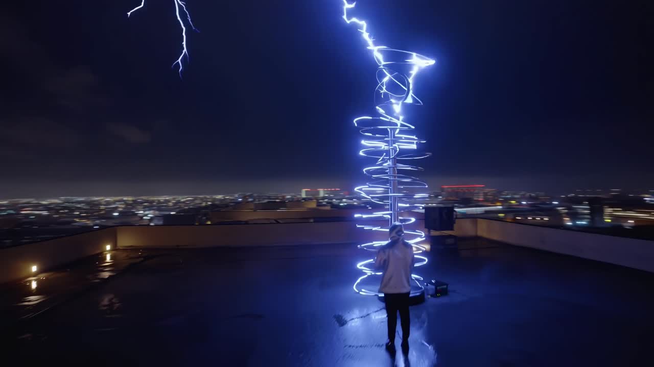 Natlig tagterrasse-videoscene med et lavt vinkelperspektiv af en person ved siden af en glødende spiral-skulptur