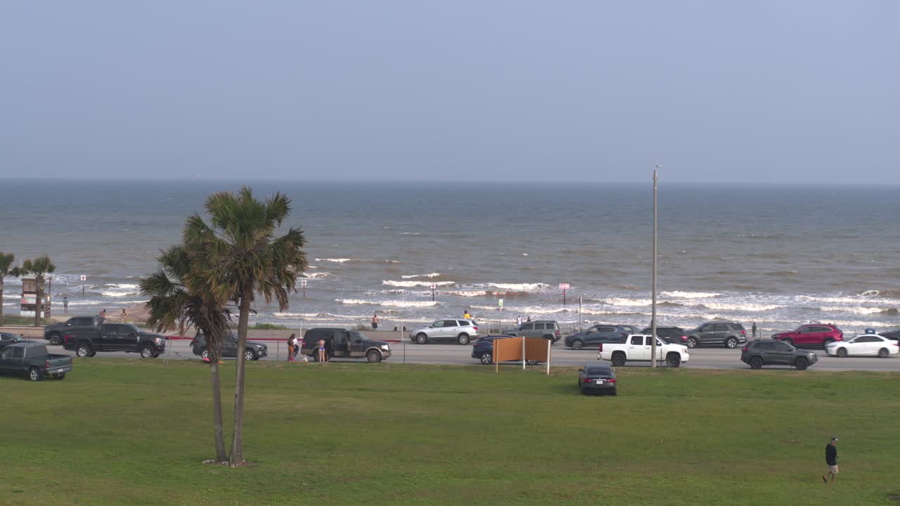 vista de drones de la playa de galveston en galveston, texas