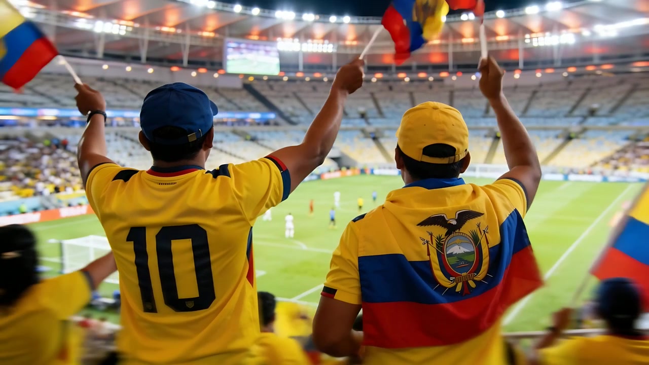L'entusiasmo sale, due tifosi maschi sventolano bandiere nazionali sostenendo la squadra allo stadio, con maglie gialle.