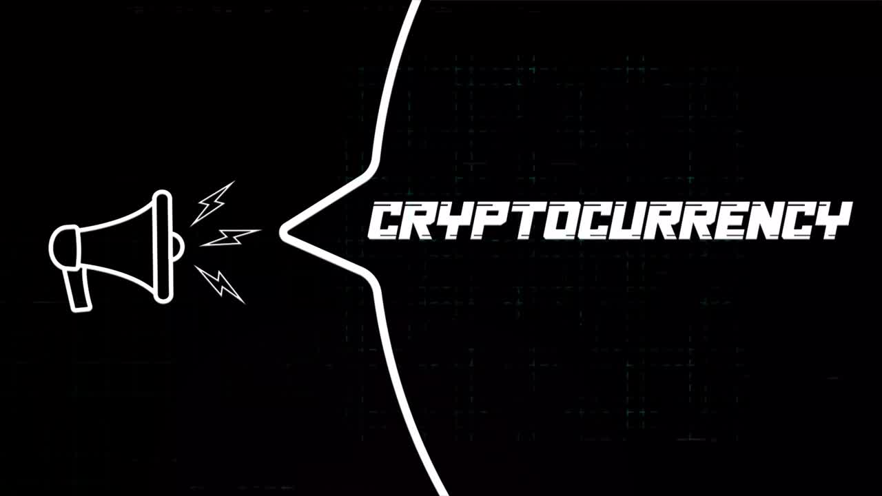 스피치 버블을 가진 메가폰과 오래된 tv에서 암호화폐 텍스트 간섭 화면. 레트로 암호화물 텍스트의 애니메이션. 4k 비디오 모션 그래픽.