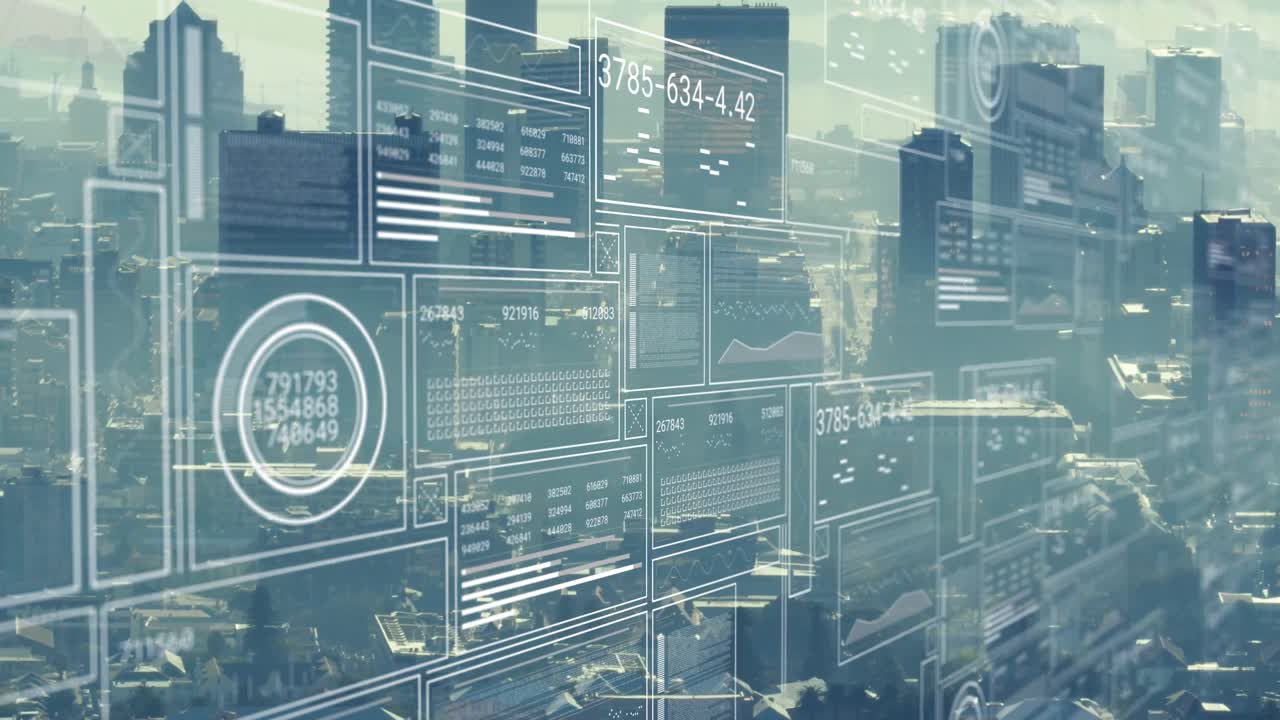Animation of interface with data processing against aerial view of cityscape