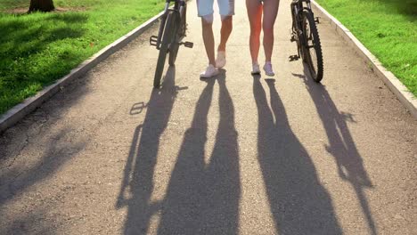 couple walking with bikes in a park