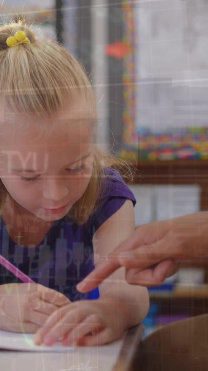 Animation of line graph over multiracial male teacher assisting girl in writing notes in book