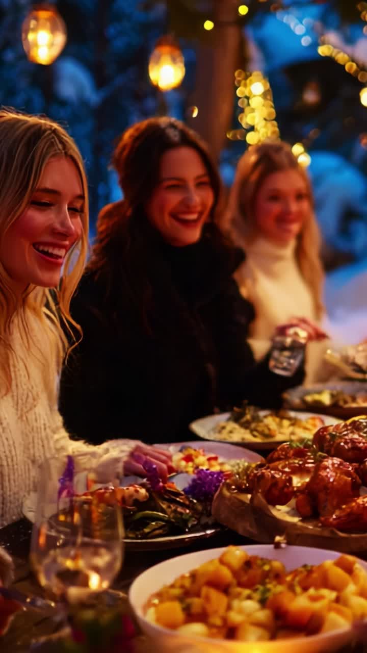 A Cozy Winter Dinner Gathering with Friends: Enjoying Delicious Food and Warm Smiles in a Beautifully Decorated Outdoor Setting Surrounded by Twinkling Lights and a Festive Atmosphere
