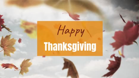 Animation-of-happy-thanksgiving-text-on-orange-banner-over-falling-leaves