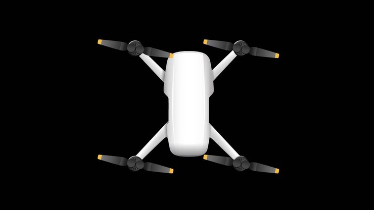 Aerial drone rotates smoothly in a 20-second animation, showcasing its design and movement against a stark black backdrop