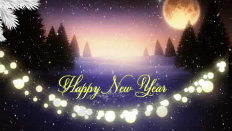 composite of happy new year text with fairy lights and winter scenery