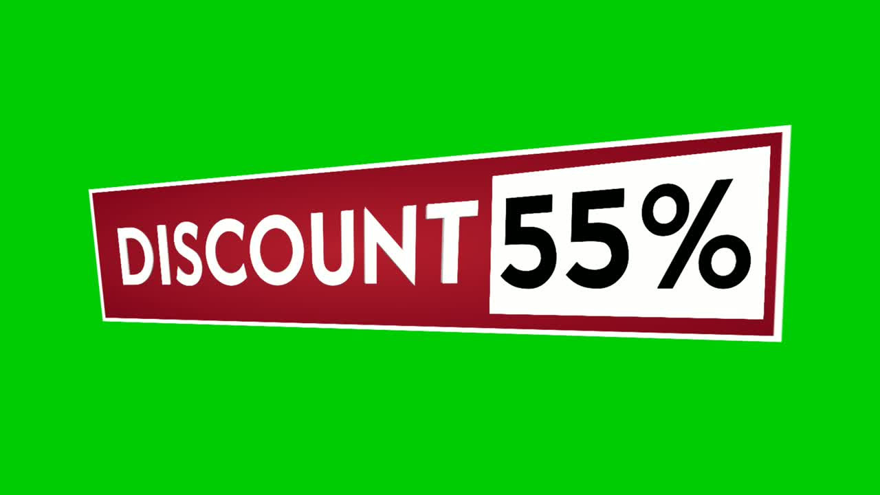 Sconto 55% testo percentuale animazione grafica in movimento su rettangolo rosso.