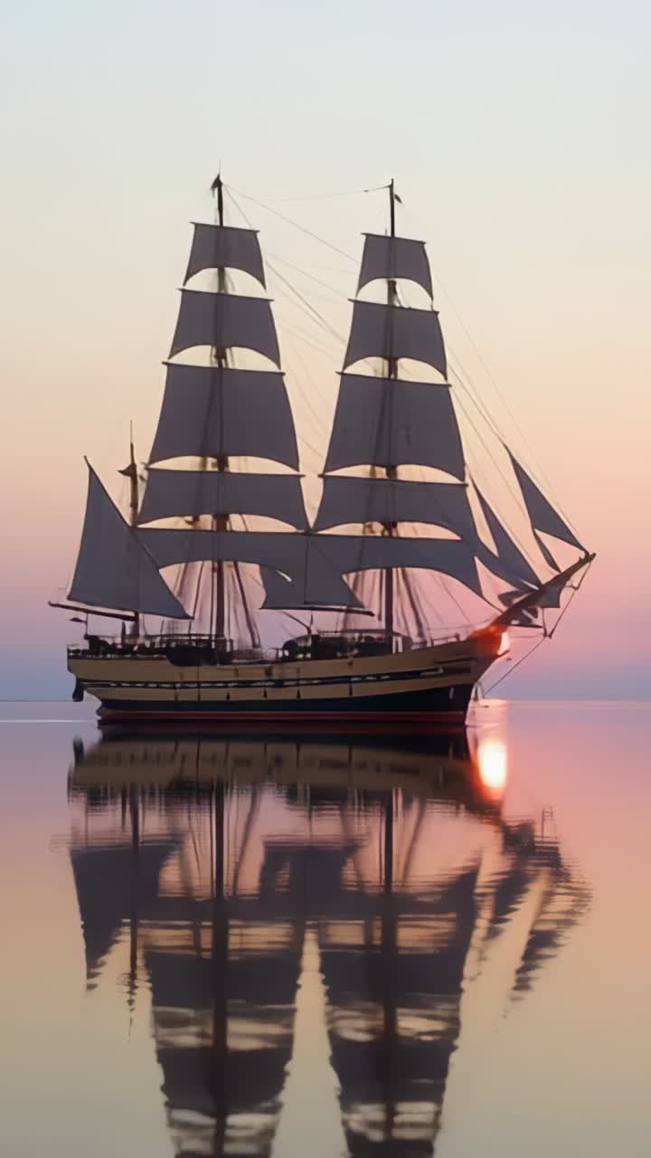 Vertical video: Sun descending over open sea, mirroring three-masted ship and pastel hues