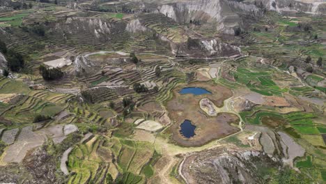 vista aérea de un paisaje artificial, campos en terrazas en el valle del río