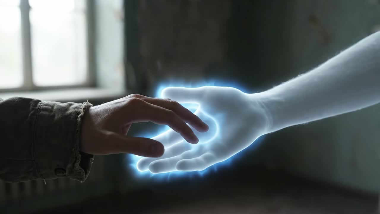 Human Hand Reaching Out to a Glowing Digital Hand