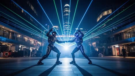 futuristic duel in neon: two advanced cybernetic warriors engage in an epic battle under vibrant laser lights amid a dazzling urban nightscape
