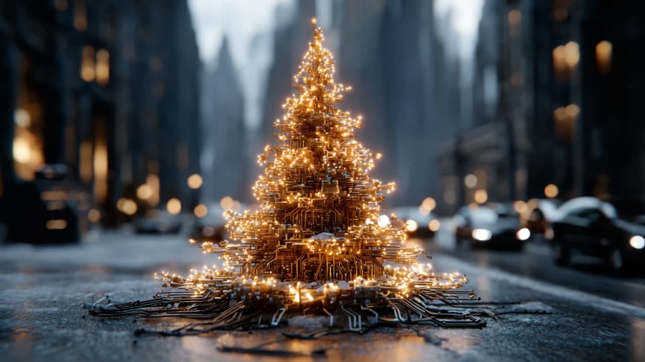 Un moderno albero di Natale accattivante, adornato con luci scintillanti e circuiti, sullo sfondo di un paesaggio urbano nel cuore dell'inverno