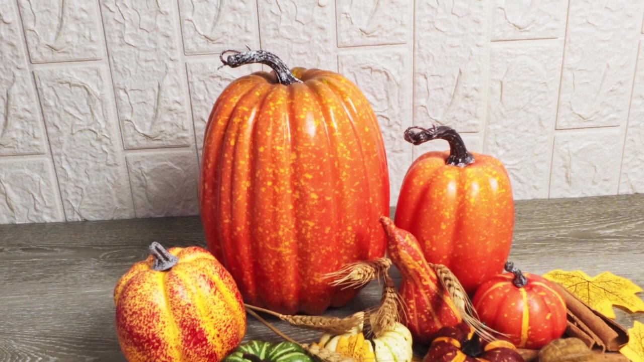 Autumnal Still Life with Decorative Pumpkins and Fall Foliage