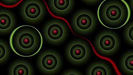 green round spheres with red balls inside on dark background in 4k video.