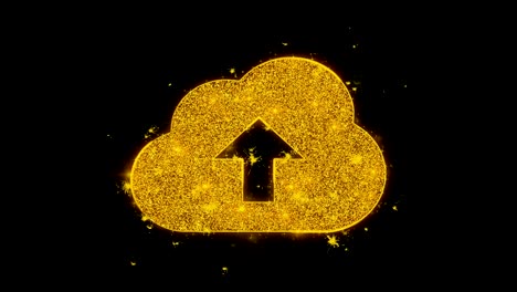 el icono de carga de nubes hace chispas de partículas sobre un fondo negro.