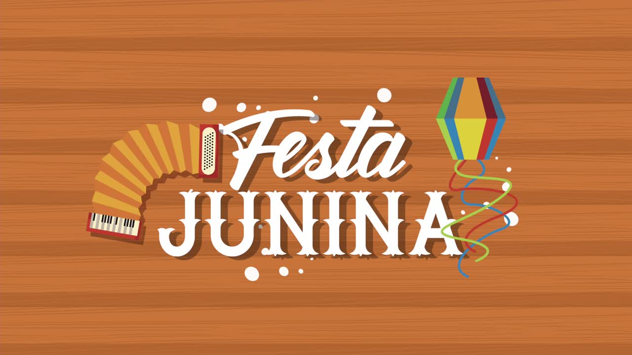 animación de letras de festa junina con cometa y acordeón
