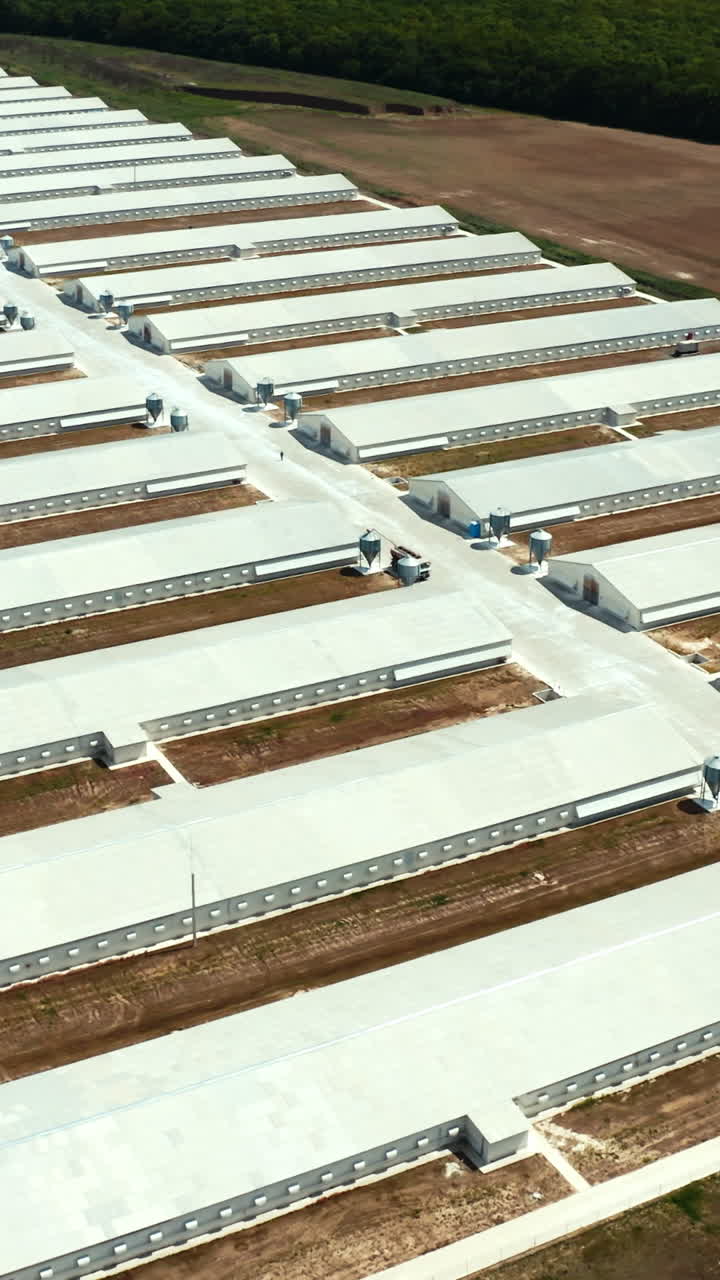 Poultry farm buildings. Aerial view of modern poultry facility in rural area
