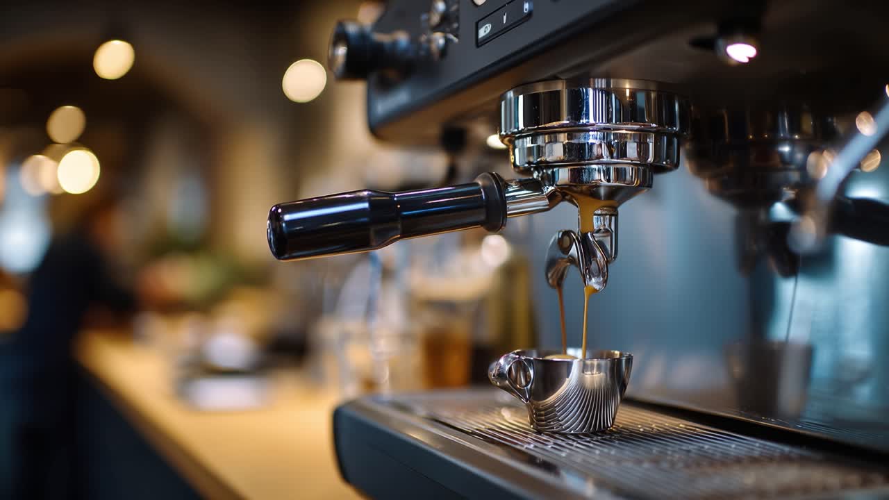 Coffee machine pours steaming liquid into a small cup. Dark, polished metal gleams under soft, warm lighting. Barista's hands unseen, focused on perfect extraction