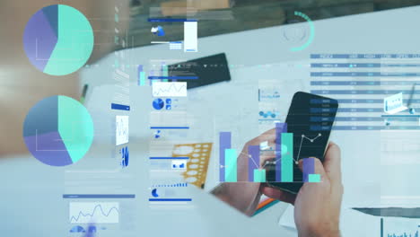 animación de estadísticas y procesamiento de datos sobre mujeres que usan teléfonos inteligentes