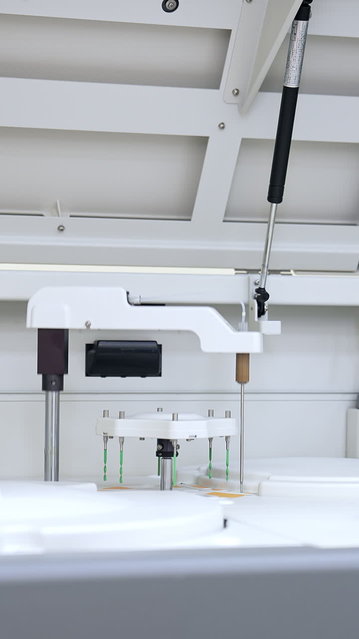Large laboratory machine working and producing biomedical testing of blood. Advanced innovative equipment in science lab. Vertical video