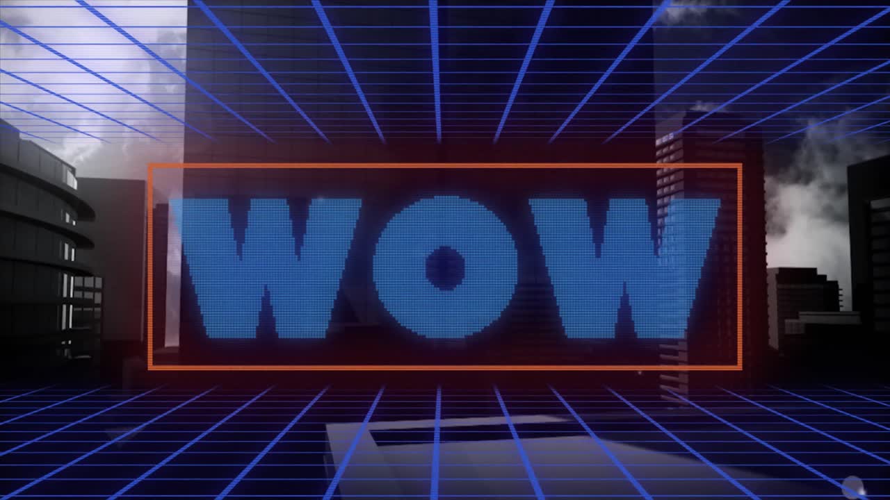 높은 건물에 대한 그리드 네트워크를 통해 와우 텍스트 배너의 디지털 애니메이션