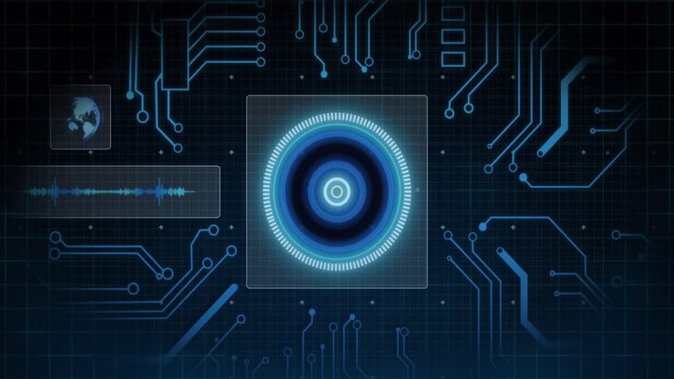 Animation of scope scanning and data processing on screen with circuit board elements in background