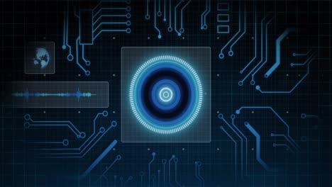 Animation-of-scope-scanning-and-data-processing-on-screen-with-circuit-board-elements-in-background