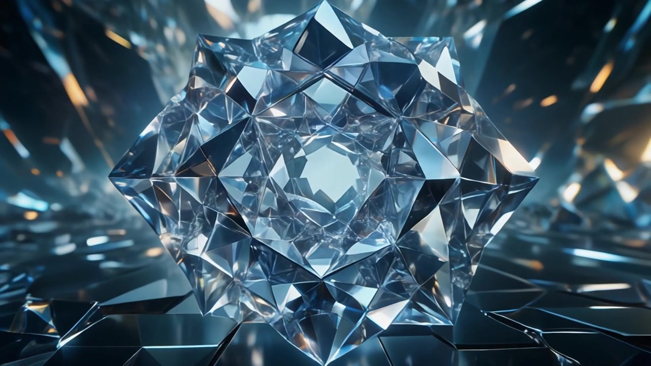 Cristallo geometrico astratto rotante in un ambiente riflettente