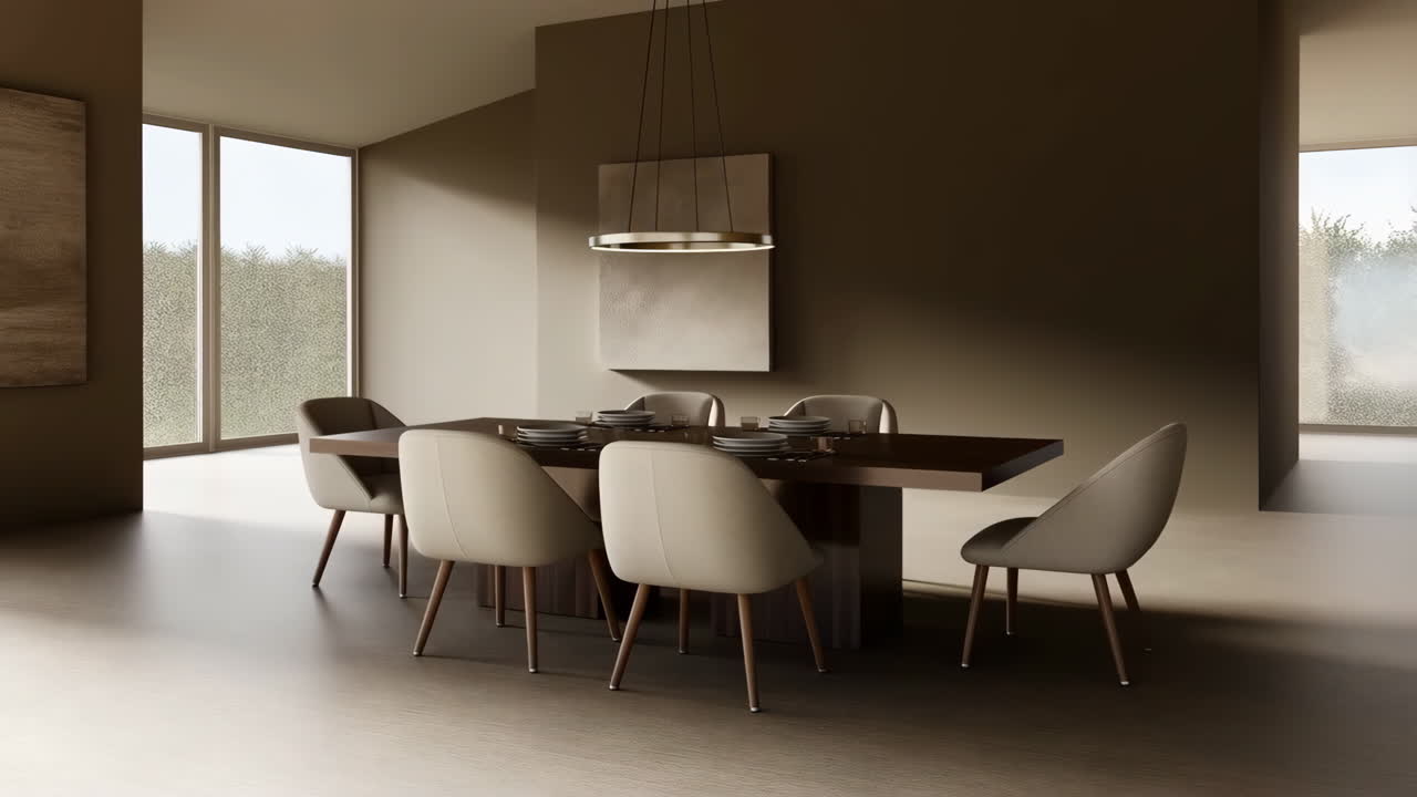 Modern and minimalist dining room with a long table and beige chairs
