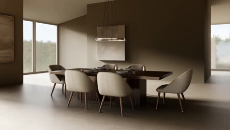 modern and minimalist dining room with a long table and beige chairs