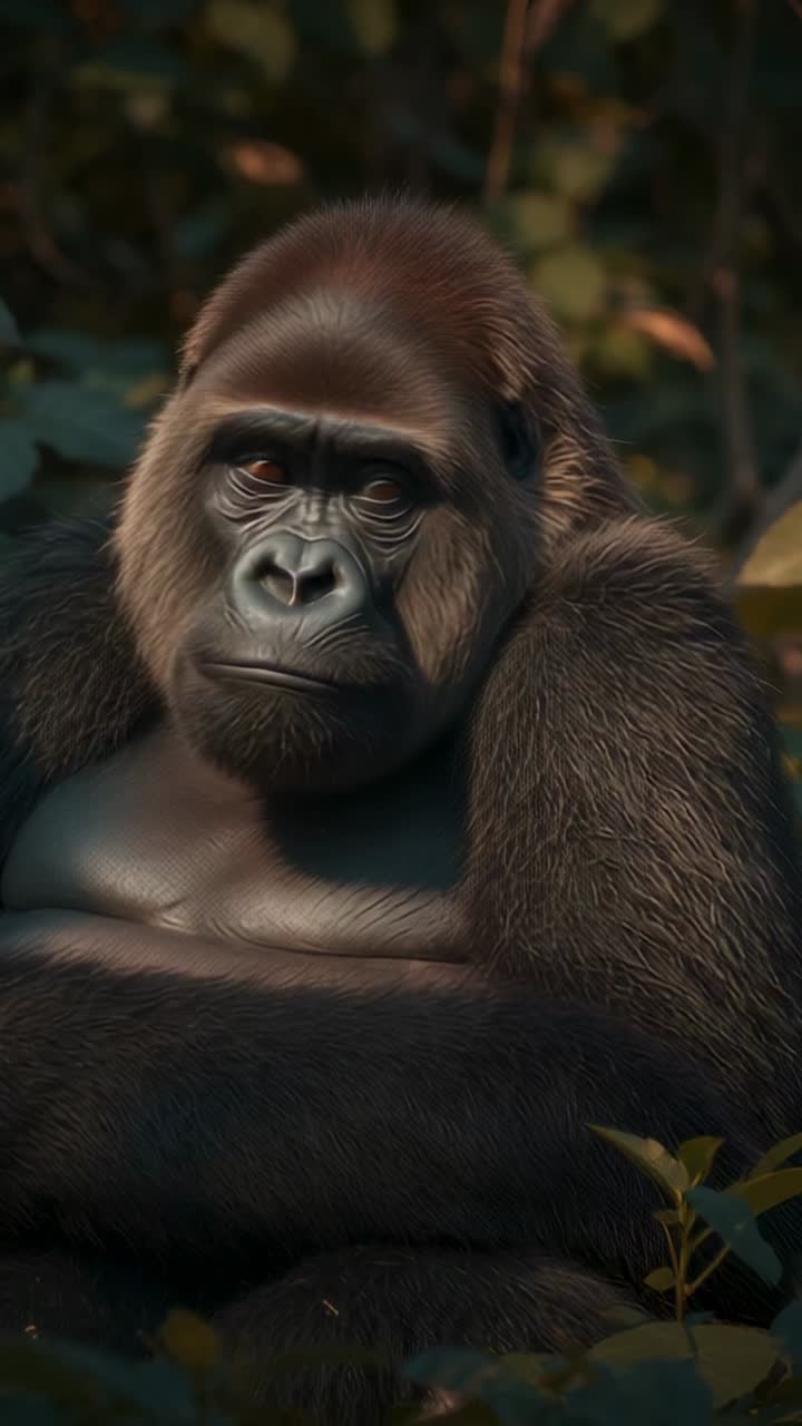 Video verticale: gorilla che sbatte le palpebre accorgendosi della telecamera, spostando lo sguardo e respirando nel sottobosco frondoso