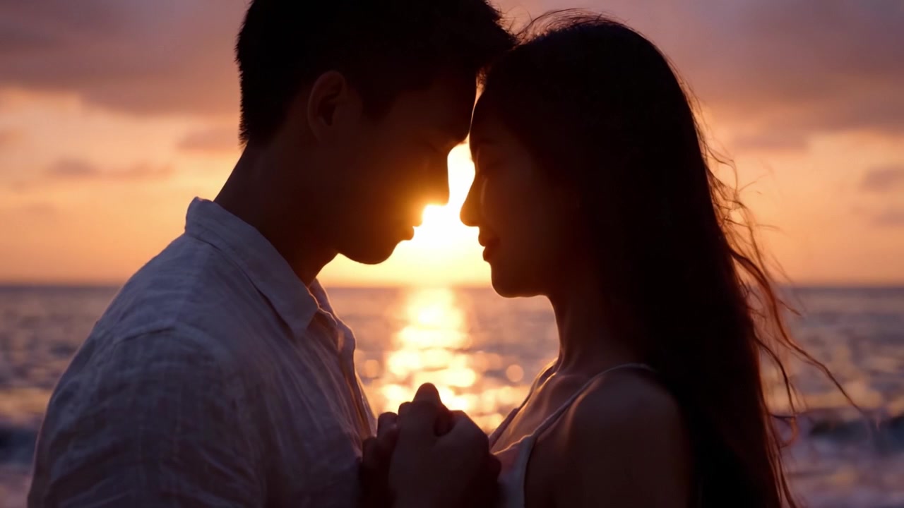 Pelukan Romantis Matahari Terbenam: Menangkap Koneksi Intim Antara Dua Kekasih Saat Mereka Berbagi Momen Mesra Berlatar Siluet Cahaya Oranye Matahari Terbenam
