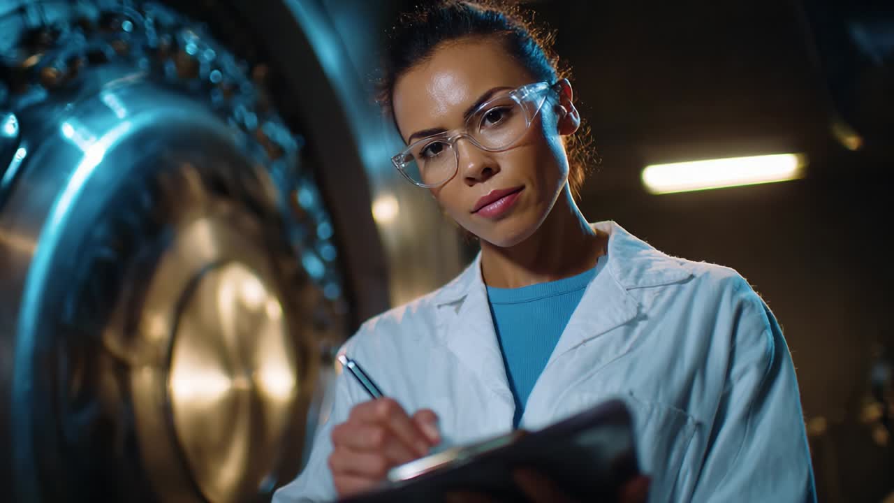 Focused Scientist Taking Notes in a Laboratory Setting, Engaged in Research and Experimentation, Surrounded by Advanced Scientific Equipment and Machinery, Capturing Important Data for Analysis