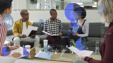 animation of statistics and data processing over diverse business people in office