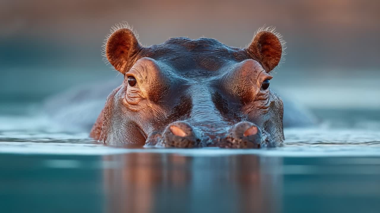 A Majestic Hippo Gracefully Submerging in the Water, Showcasing Its Unique Features and Glorious Habitat at Sunset, Creating a Tranquil Scene of Nature's Beauty
