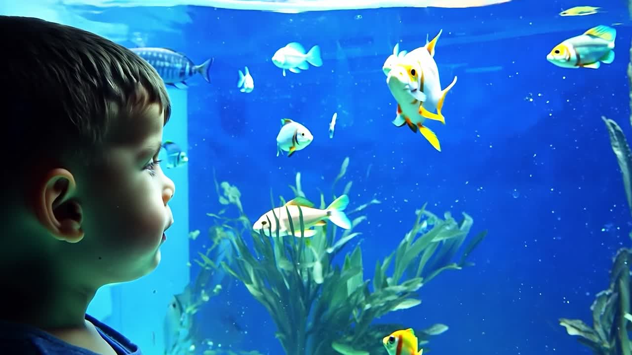 수족관 에서 물고기 를 보고 있는 어린 소년