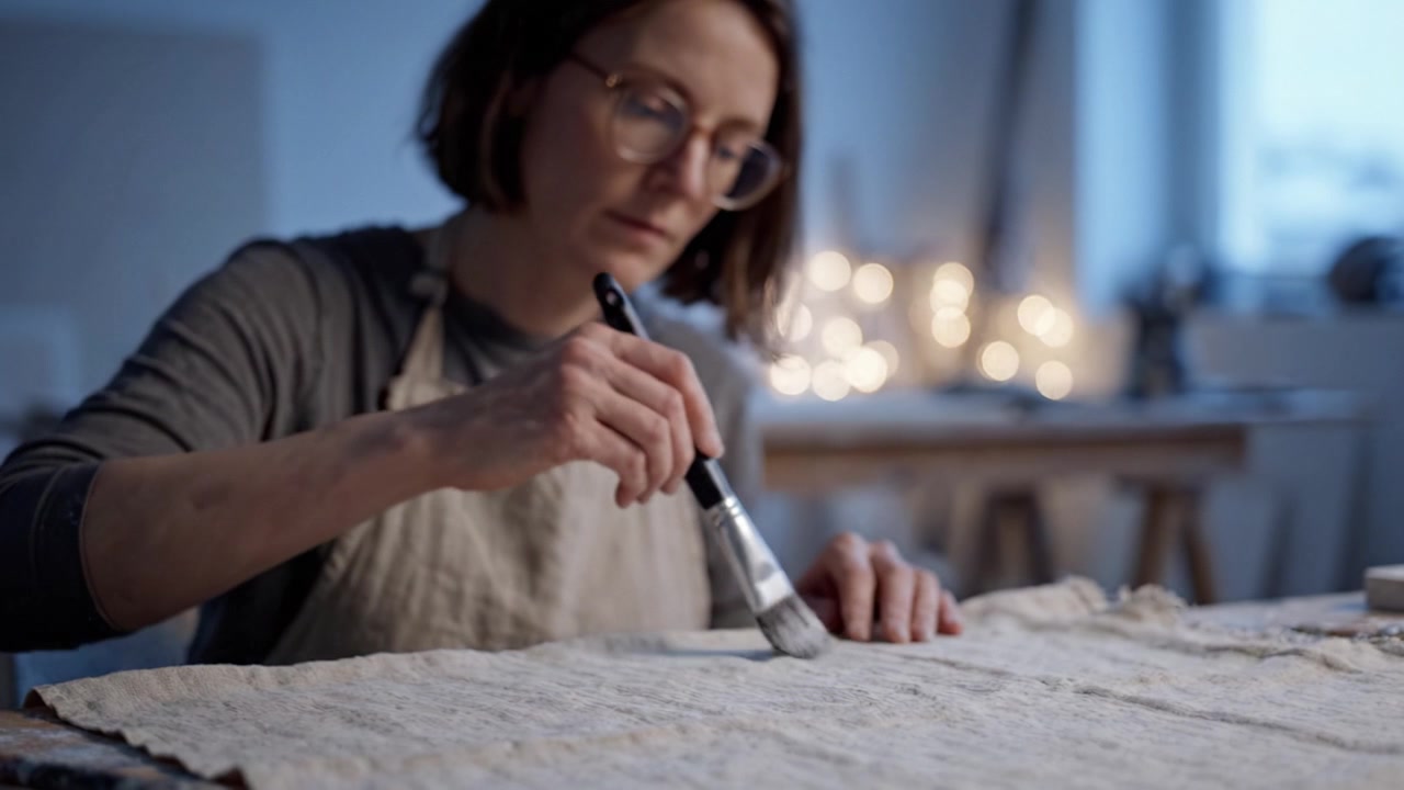 An artist delicately applying paint to a textured canvas, immersed in the creative process, surrounded by soft lighting and a tranquil workspace atmosphere.