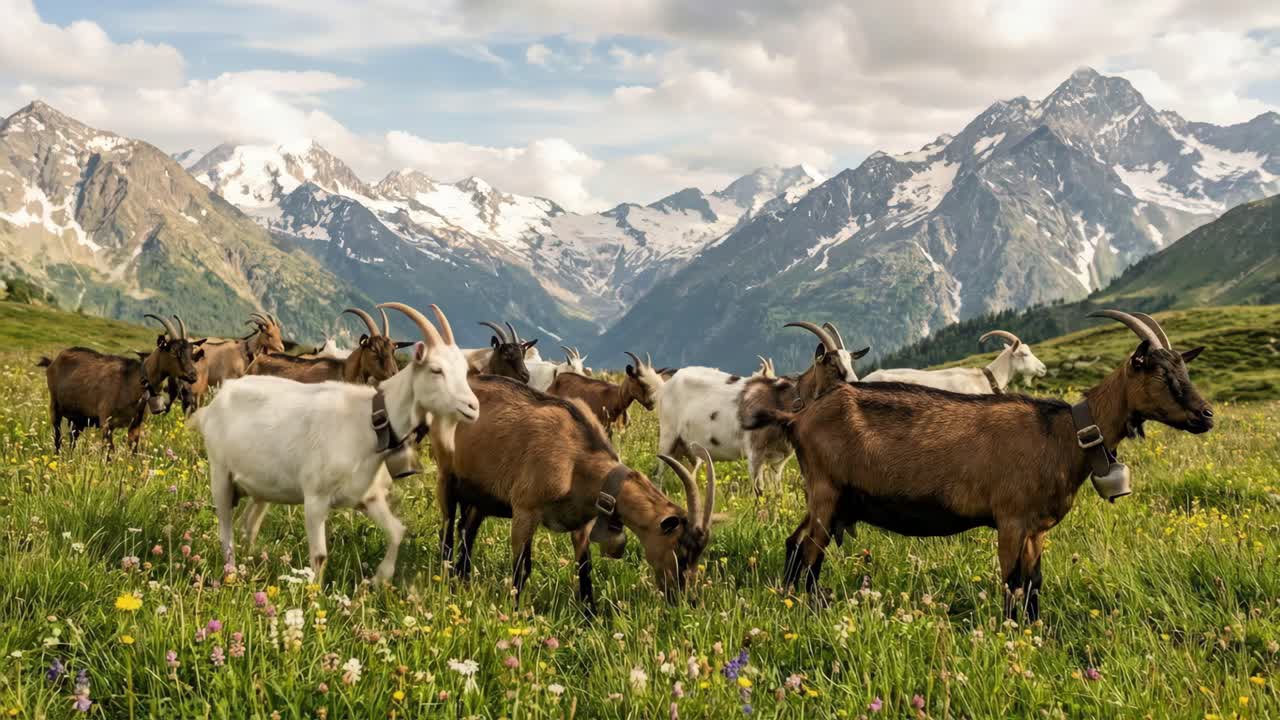 Geder der græsser på en Alpin eng med bjerglandskab i baggrunden