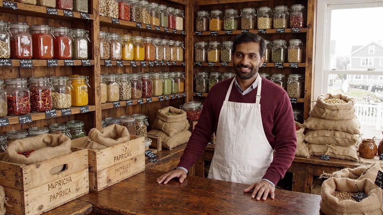 Um comerciante charmoso em uma loja rústica, cercado por potes coloridos e ingredientes naturais, oferecendo uma calorosa recepção aos clientes em um ambiente aconchegante.