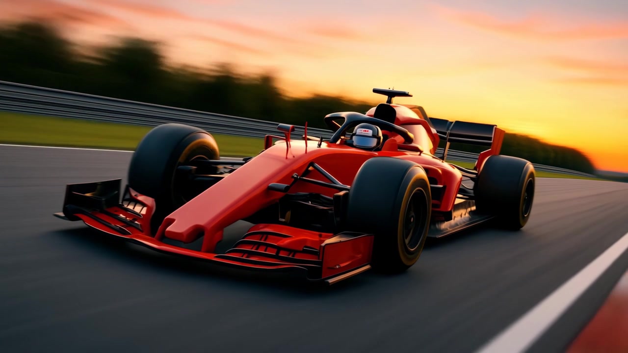 夕暮れのトラックを疾走する赤いF1レーシングカー