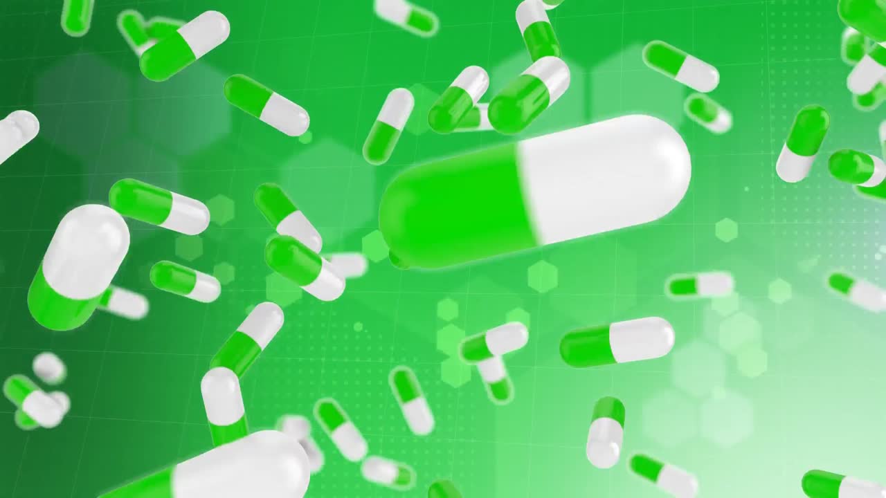 animación digital de píldoras médicas que caen contra contra estructuras químicas sobre fondo verde
