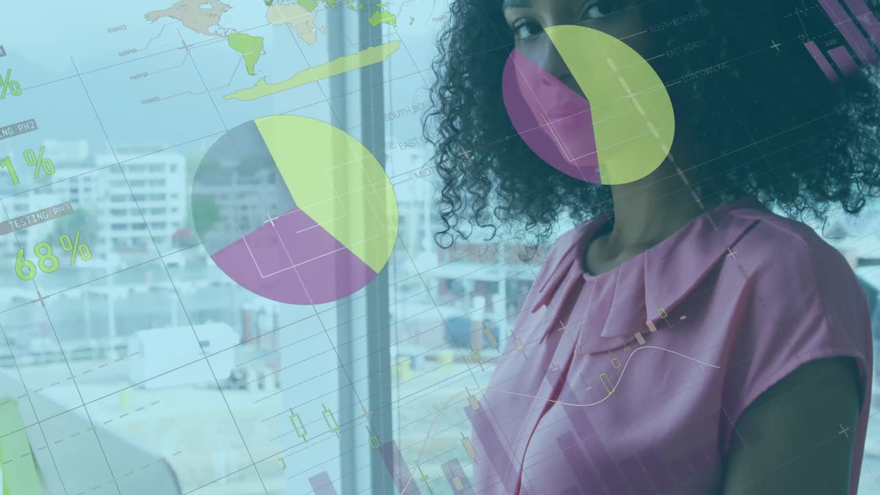 Animation of financial data and graphs over happy african american businesswoman in office